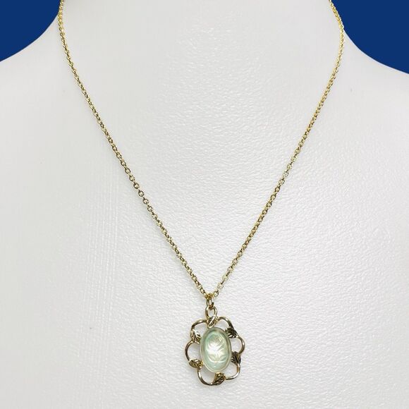 Vintage Sarah Coventry Oval Frosted Green Flower Pendant Necklace Gold Tone 18" - Picture 10 of 10